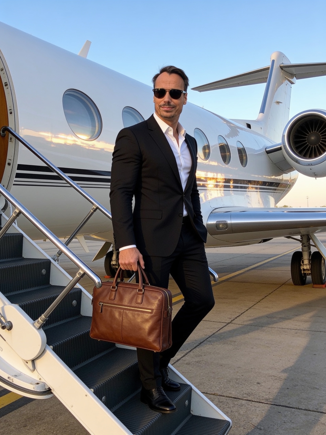 Dr. Christoph Lymbersky with a leather briefcase on the steps of a business jet