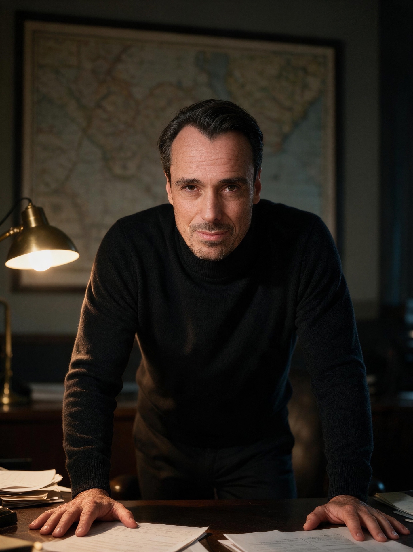 Dr. Christoph Lymbersky leaning over a desk in a map-lined study