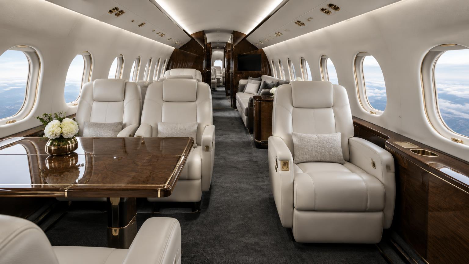 Generated editorial illustration of a private jet cabin with seating and a dining table