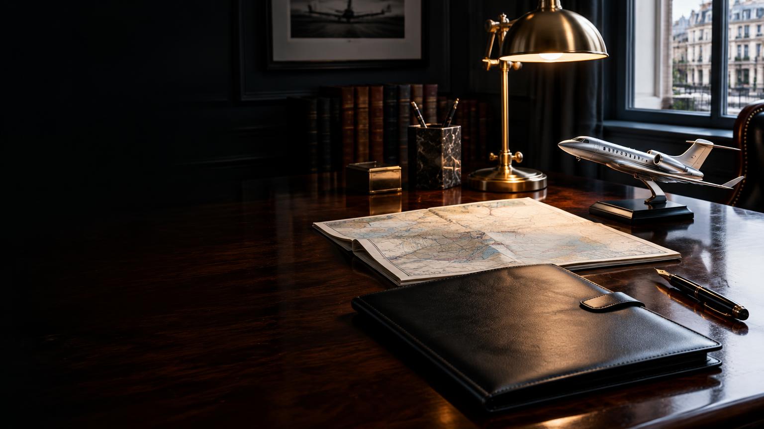 Generated editorial still life of an aviation planning desk, map and model jet