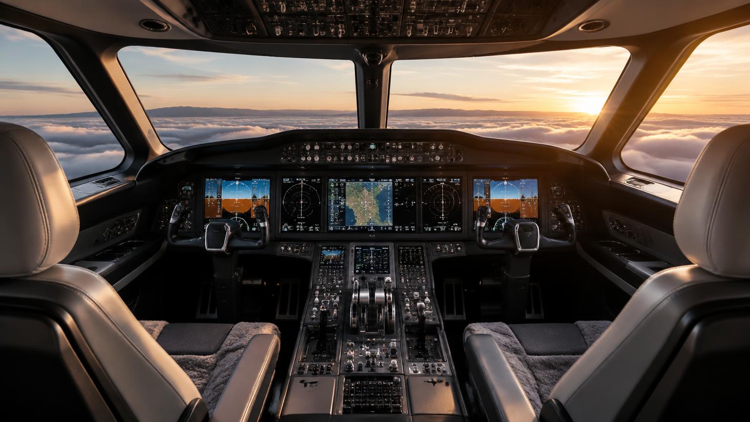 Generated editorial illustration of an empty business jet cockpit at sunrise