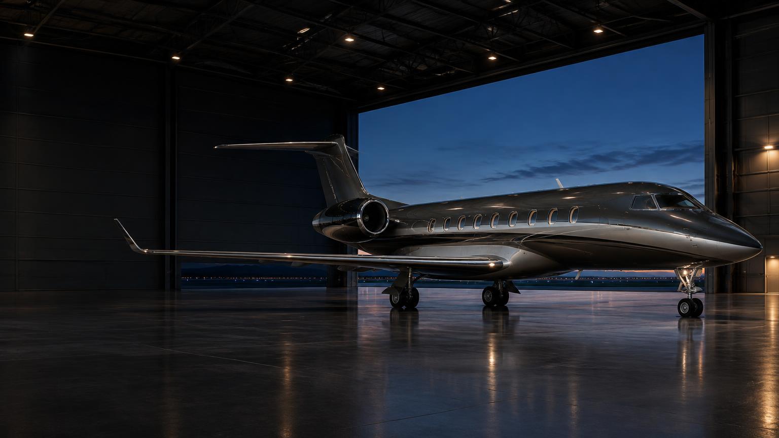 Generated editorial illustration of a business jet in a twilight hangar